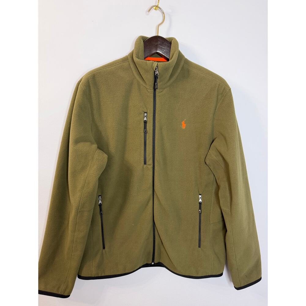 Polo Ralph Lauren Performance Olive Green Fleece Jacket Zip Orange Pony Men's M - Picture 10 of 10
